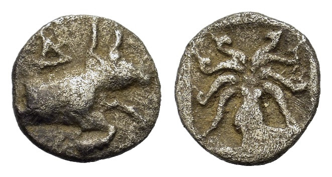 Macedon, Dikaia, c. 450-425/0 BC. AR Hemiobol (7,6mm, 0.3g). ΔI Forepart of a bu...