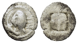 Macedon, Eion, c. 460-400 BC. AR Trihemiobol (12 mm, 0.99g). Goose standing to right, head turned back to left; above, lizard to left; below, H. R/ In...