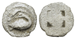 Macedon, Eion, c. 460-400 BC. AR Trihemiobol (11mm, 0.64g). Goose standing to right, head turned back to left; above, lizard to left; below, H. R/ Inc...