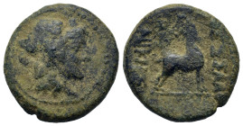 Macedon, Thessalonica, c. 187-31 BC. Æ (19,5mm, 5.1g). Head of Dionysos right wreathed with ivy. R/ ΘEΣΣAΛONIK, goat standing right. SNG Copenhagen 36...