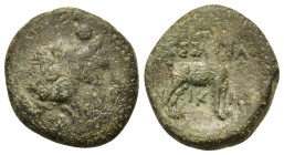 Macedon, Thessalonica, c. 187-31 BC. Æ (20mm, 6g), Head of Dionysos wearing ivy wreath right. R/ΘEΣΣAΛONIKHΣ, goat standing right. SNG ANS 765; SNG Co...