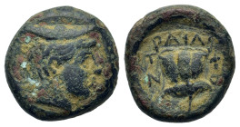 Macedon, Tragilos, c. 380 BC. Æ (15,5mm, 4,53g). Head of Hermes right, wearing petasos. R/ Rose; grape cluster right. SNG ANS 907-910; BMC Macedonia p...