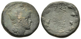 Macedon under Roman rule. Time of Aemilius Paullus. Gaius Publilius. Quaestor, circa 168-167 BC. Æ Unit (24,5mm, 12.90g). Helmeted head of Roma right....