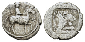 Kings of Macedon. Perdikkas II (451-413 BC). AR Tetrobol (15mm, 2,25g). Circa 451-413 BC. Mounted horseman right, wearing petasos and holding two spea...