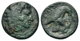 Kings of Macedon. Amyntas III (394/3-370/69 BC). Æ Tetrachalkon (16,5mm, 3.40g). Pella. Head of Herakles right, wearing lion skin. R/AMYNTA Eagle stan...