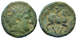 Kings of Macedon. Philip II (359-336 BC). Æ Double Unit (20mm, 8.05g). Uncertain Macedonian mint. Head of hero Themenos to right, wearing taenia. R/ Y...