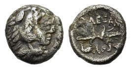 Kings of Macedon. Alexander III (336-323 BC). AR Obol (8mm, 0.65 g). Amphipolis, circa 320-317 BC. Head of Herakles to right, wearing lion skin headdr...