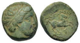 Kings of Macedon. Alexander ΙΙΙ (336-323 BC). AE Half Unit (14,6mm, 3.2g). Amphipolis mint. Head of hero Themenos right wearing tainia. R/ Horse gallo...