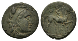 Kings of Macedon. Antigonos Monophtalmos (315- 301 BC). Æ 1/2Unit (15,4mm, 2,4g). Head of young Herakles right, wearing lion skin. R/ Horseman riding ...