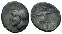 Thrace, Ainos, after 323 BC. Æ (18,5mm, 4.20 g). Head of Hermes left, wearing petasos. R/ Hermes seated left on throne, holding purse and scepter. SNG...