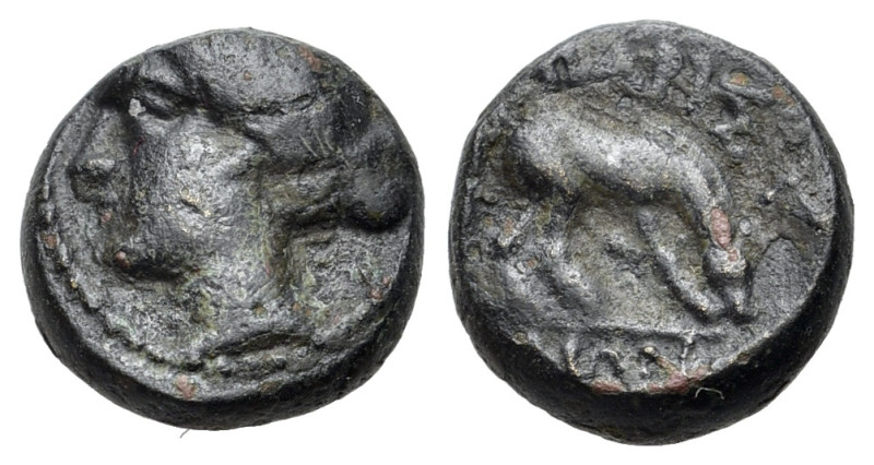 Thessaly, Larissa, c. 320-280 BC. Æ Hemichalkon (12mm, 2.16g, 12h). Head of nymp...