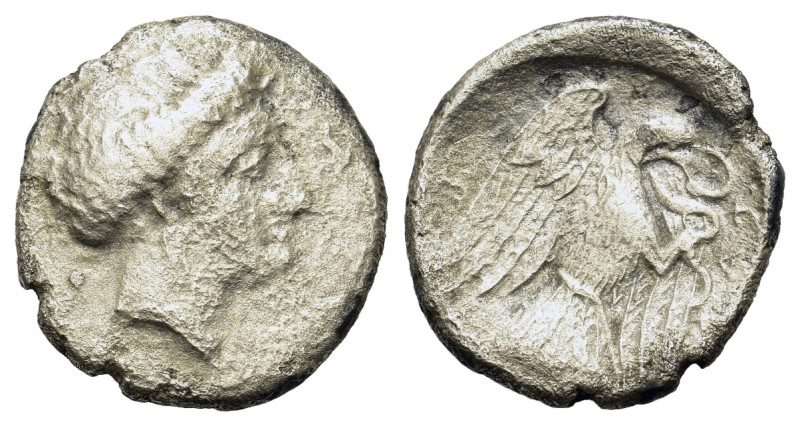 Euboia, Chalkis, c. 338-308 BC. AR Drachm (16mm, 3g). Head of the nymph Chalkis ...