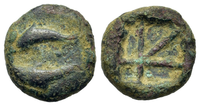 Islands off Attica, Aegina, c. 370-350 BC. Æ (12,3mm 1,92g). Two comforted dolph...