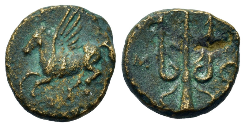 Corinthia, Corinth, c. 306-303 BC. Æ (11,8mm, 1.5g). Pegasos left. R/ Ornate tri...