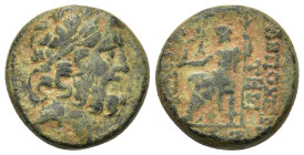 Seleucis and Pieria, Antioch. Æ Tetrachalkon (19,3mm, 9.3g), 63-28 BC. Uncertain date. Laureate head of Zeus right. R/ Zeus seated left on throne, hol...