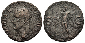 Agrippa (died 12 BC). Æ As (27,4mm, 9.9g). Rome, Ad 37-41. Head left, wearing rostral crown. R/ Neptune standing left, holding small dolphin and tride...