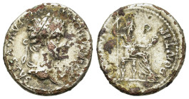 Tiberius (14-37). Plated Denarius (18mm, 3.43g). "Tribute Penny" type. Lugdunum (Lyon) mint. Laureate head right, one ribbon on shoulder. R/ Livia (as...