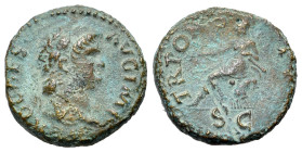 Nero (54-68). Æ Semis (17mm, 3.72g, 6h). Rome, 62-8. Laureate head r. R/ Roma seated l. on cuirass, holding wreath and parazonium. RIC I 226. Good Fin...