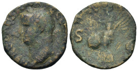 Nero (54-68). Æ As (23,8mm, 5.4g). Lugdunum, AD 66. Bare head left, globe at point of neck. R/ Victory flying left, holding shield inscribed SPQR. RIC...