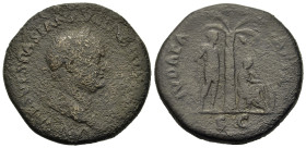 Vespasian (69-79). Æ Sestertius (33,5mm, 24.3g). Rome, AD 71. Laureate head r. R/ Palm tree; to left, captive standing right; to right, Judaea seated ...