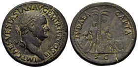 Vespasian (69-79). CAST Paduan type Æ Sestertius XIX-XX cent. (35mm, 25g). Rome, AD 71. Laureate head r. R/ Palm tree; male captive on l., stands faci...