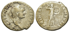 Domitian Caesar (69-81). AR Denarius (18mm, 3.2g). Rome, AD 80-81. Laureate head r. R/ Minerva advancing right, brandishing spear and holding shield. ...