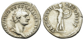 Domitian (69-81). AR Denarius (18,5mm, 3.10 g). Laureate head r. R/ Minerva standing right, holding spear in right hand overhead, shield on left arm. ...