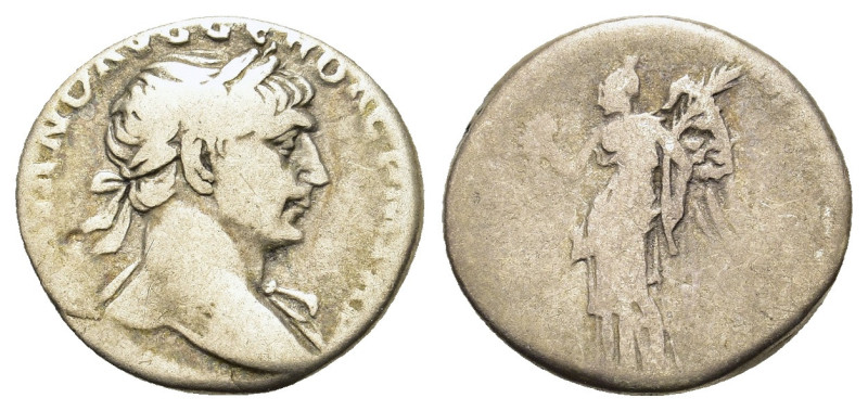 Trajan (98-117). AR Denarius (17mm, 3.2g). Rome, circa AD 107-111. Laureate bust...