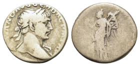 Trajan (98-117). AR Denarius (17mm, 3.2g). Rome, circa AD 107-111. Laureate bust right, slight drapery on far shoulder. R/ Victory standing left, hold...