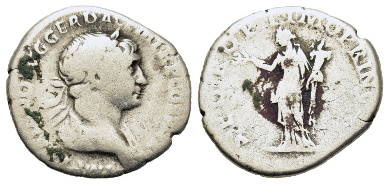 Trajan (98-117). AR Denarius (17,4mm, 3g). Rome. Laureate head of Trajan r. R/ A...