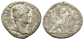 Hadrian (117-138). Rome. AR Denarius (19mm, 3.3g). Laureate head r. R/ Roma seated on cuirass left, holding Victory and spear, shield behind. RIC 77.