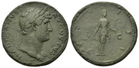 Hadrian (117-138). Æ Sestertius (34mm, 22.40g). Rome, 124-8. Laureate bust r., slight drapery. R/ Diana standing facing, head r., holding arrow and bo...