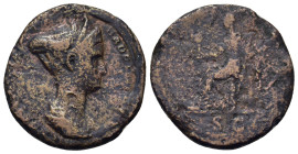 Sabina (128-137). Æ Sestertius (25,7mm, 8.5g). Rome. Draped bust right, wearing stephane. R/ Vesta seated left, holding palladium and sceptre; S-C in ...