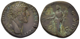 Antoninus Pius (138-161). Æ Sestertius (30mm, 22.97g). Rome, AD 155-6. Laureate head r. R/ Pax standing l., holding olive branch and cornucopia. RIC I...