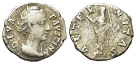 Diva Faustina Senior (died 140/1). AR Denarius (17,5mm, 3g). Rome. Draped bust r. R/ Aeternitas standing right, head left, holding sceptre and raising...