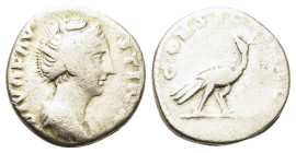 Diva Faustina Senior (Died 140/141). AR denarius (16,6mm, 2.8g). Consecration issue. Rome mint. Her draped bust right, wearing pearls bound on top of ...