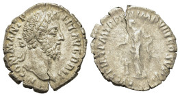 Commodus (177-192). AR Denarius (17mm, 2g). Rome, AD 87. Laureate head r. R/ Pietas standing facing, head left, sacrificing over altar. RIC III 146.