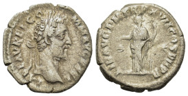 Commodus (177-192). AR Denarius (17mm, 2.8g). Rome, AD 192. Laureate head r. R/ Fortuna standing facing, head turned to left, placing her right foot o...