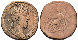 Commodus (177-192). Æ Sestertius (28,3mm, 19.8g). Rome, AD 186-187. Laureate head r. R/ Salus seated to left, feeding out of patera a snake coiled aro...