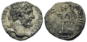 Septimius Severus (193-211). AR Denarius (16,6mm, 2.8g). Rome, AD 196-197. Laureate head r. R/ Victory advancing left holding wreath and trophy. RIC 7...