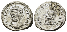 Julia Domna (Augusta, 193-217). AR Denarius (18,3mm, 3g). Rome, c. AD 211-217. Draped bust r. R/ Venus seated l., raising hand and holding sceptre. RI...