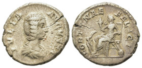 Julia Domna (Augusta, 193-217). AR Denarius (19mm, 3g). Rome, AD 207-209. Draped bust r. R/ Fortuna seated l., holding cornucopiae and rudder set on g...