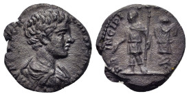 Caracalla (Caesar, 196-198). AR Denarius (16,8mm, 3g). Laodicea ad Mare. Bareheaded, draped, and cuirassed bust r. R/ Caracalla standing l., holding b...