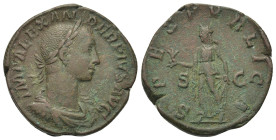 Severus Alexander (222-235). Æ Sestertius (30mm, 15.72g). Rome, AD 232. Laureate, draped and cuirassed bust r. R/ Spes advancing l., holding flower an...