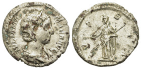 Julia Mamaea (Augusta, 222-235). AR Denarius (19mm, 2g). Rome, AD 226. Diademed and draped bust r. R/ Vesta standing l., holding palladium and sceptre...