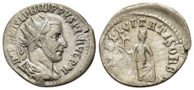 Philip I (244-249). AR Antoninianus (22,8mm, 3.9g). Antiochia. Radiate, draped and cuirassed bust of Philip I to right, seen from behind. R/Spes advan...