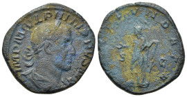 Philip I (244-249). Æ Sestertius (30,5mm, 18.7g). Rome, AD 144-149. Laureate, draped and cuirassed bust right. R/ Laetitia standing left, right foot o...