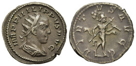 Philip II (247-249). AR Antoninianus (22,6mm, 4.5g). Rome, AD 248. Radiate, draped and cuirassed bust r. R/ Helmeted and naked Mars striding right, ho...