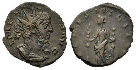 Tetricus I (271-274). AE Antoninianus (18mm, 2.2g). Radiate, draped, cuirassed bust r. R/ Fides standing left, holding two standards. RIC V 69.