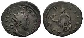 Tetricus I (271-274). Æ Antoninianus (19,4mm, 2.3g). Radiate and cuirassed bust r. R/ Spes walking left, holding flower and hem of robe. RIC V 136.